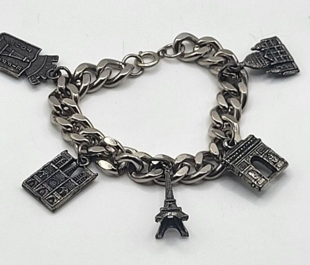 Gunmetal Charm Bracelet Landmarks of Paris Eiffel Tower Chunky Curb Chain 7.5in